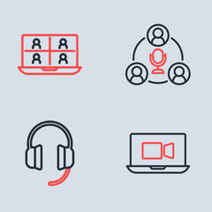 Poster - Set line Meeting, Headphones, Video chat conference and icon. Vector