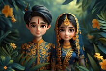 Bengali Bride And Groom Cute Couple In Traditional Indian Dress Cartoon Character
