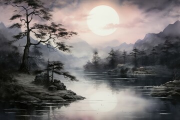 Wall Mural - Serene twilight lakes - Generative AI