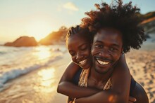 Close-up Of Young Couple In Love Embracing On Picturesque Ocean Beach Against Beautiful Setting Sun. Cheerful African American Man And Woman Hugging And Laughing Happily. Honeymoon, Romantic Getaway.