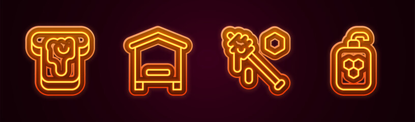 Canvas Print - Set line Bread with honey, Hive for bees, Honey dipper stick and Cosmetic tube. Glowing neon icon. Vector