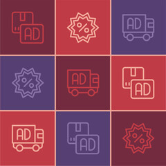 Poster - Set line Advertising, on truck and Discount percent tag icon. Vector