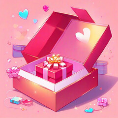 Open gift box with a cute little heart inside on pink background