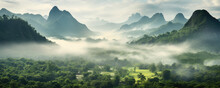 Jungle Forest Foggy Morning Land Scenery. Fogg Rising Clouds Above Green Forest