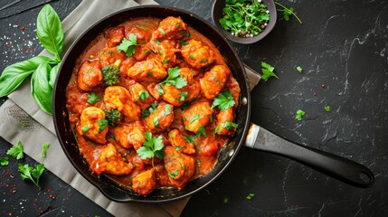 Wall Mural - Frying pan with delicious chicken tikka masala on napkin