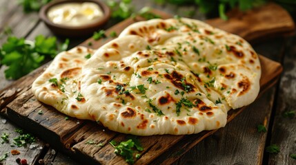 Wall Mural - Indian naan bread with garlic butter on wooden table