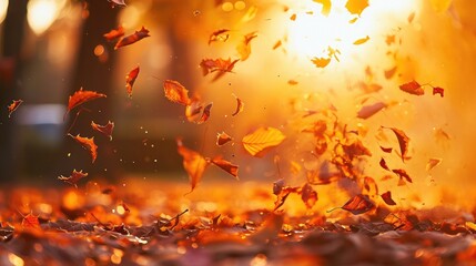 Wall Mural - Lively closeup of falling autumn leaves with vibrant backlight from the setting sun