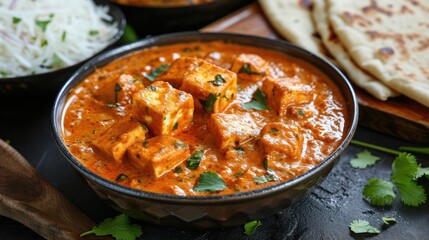 Paneer Butter Masala or Cheese Cottage Curry in serving a bowl or pan, served with or without roti and rice