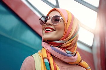 modern colorful stylish outfit of a muslim hijab woman in dynamic shot happy and positive for modest trendy arab women fashion with copysapce area - Generative AI 