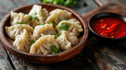 Wall Mural - Veg steam momo. Nepalese Traditional dish Momo stuffed with vegetables and then cooked and served with sauce over a rustic wooden background, selective focus
