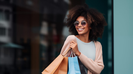 Black African American woman with an afro and wearing sunglasses, carrying shopping bags and smiling