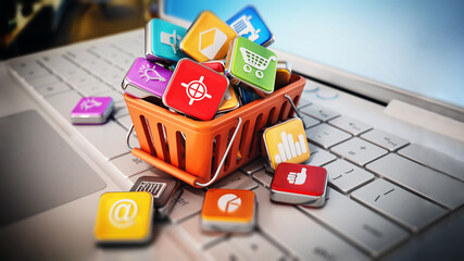 Stack of digital apps inside shopping basket standing on laptop keyboard. 3D illustration