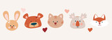 Fototapeta Dinusie - Bohemian baby set, gender neutral children's set with cute animals, rabbit, bear, cat, koala, fox. A set of vector illustrations of warm earthy flowers in boho style