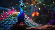 A Colorful Bright Peacock Sitting With Realistic Background, Generated By AI