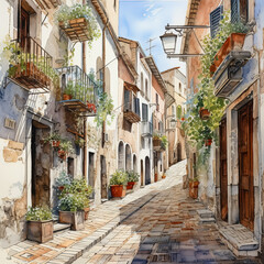  A street in the old Mediterranean town. Watercolor illustration.