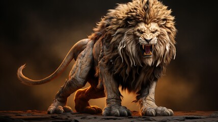 A hungry lion standing aggressively with hyper realistic artwork, created by AI Photo