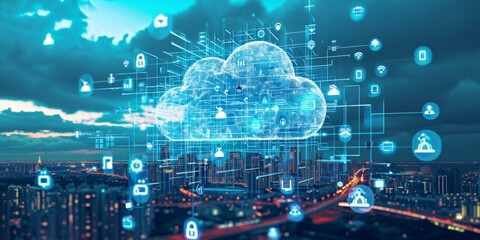 the cloud surrounded by digital icons and urban city landscape Generative AI