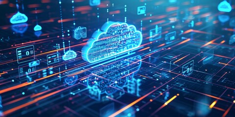 computer cloud with many digital icons in the background Generative AI
