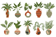 Set Of Indoor Tropical Plants In Pots, Hanging And Floor Plant Pots. Plant Care Concept. Icons, Decor Elements, Vector