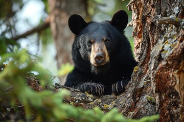 a large black bear with wet fur peeks out from behind a tree in the forest