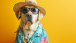 A laid-back Labrador Retriever lounging in sunglasses, a beach hat, and a tropical shirt, transforming into a beach-ready fashionista. The hilarious juxtaposition of the dog's care