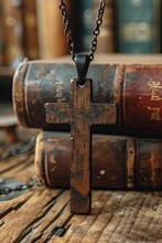 Closeup Of Wooden Christian Cross Necklace Next To Holy Bible