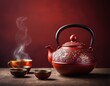 Red Chinese teapot with mugs on the table red background. High quality photo.   AI generated.
