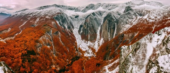 Wall Mural - aerial photo, autumn meets the first snow in the mountains