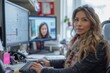 © Jerome Mettling - Middle-aged woman working at her desk on a computer via video. Femme d'âge mûr travaillant à son bureau sur un ordinateur en visio.