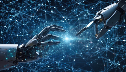 Wall Mural - a robot and a human touch hands against the backdrop of a big data network connection, symbolizing t