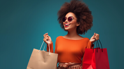 Portrait of an excited young black African American woman wearing sunglasses with an afro hand holding shopping bags isolated over blue background.