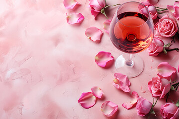 Wall Mural - glass of wine on a table. glass of wine for a romantic dinner. rose wine on a pink background. Wine lover concept. Wine glasses filled with sparkling rose wine.