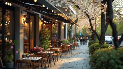 Sticker - A sidewalk with tables and chairs on it