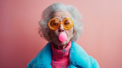 Wall Mural - An old woman with a pink bubble in her mouth