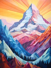 Wall Mural - Geometric Mountain Scenes: Abstract Landscape Art Exploring Mountain Peaks and Crystal Clear Skies.