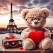 Happy Valentine's Day Teddy Bear Holding a Red Heart in Front of the Eiffel Tower