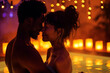 Young interracial couple in love in hot tub, spa wellness