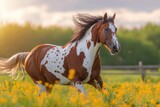 Fototapeta Konie - A majestic sorrel mustang horse gallops through a picturesque field of yellow flowers, its mane flowing in the wind against a vibrant blue sky