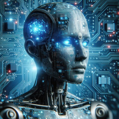 humanoid AI robot, artificial intelligence, motherboard, computer circuits, microchips,Machine learning, technology, innovation and futuristic. tecnología de inteligencia artificial, innovación.