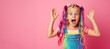 © Nataliia_Trushchenko - Beauty little Girl portrait with Colorful Hair. Young happy satisfied excited fun surprised amazed girl with color hair in color casual clothes spread hands look camera isolated on plain pink backgrou