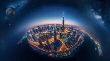 Dubai Skyline At Night, Little Planet Effect. Panoramic Aerial Top View To Downtown City Center Landmarks