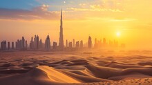 Dubai Skyline In Desert At Sunset. 