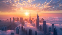 Dubai sunset panoramic view of downtown covered with clouds. Dubai is super modern city of UAE, cosmopolitan megalopolis. Very high resolution image