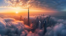 Dubai Sunset Panoramic View Of Downtown Covered With Clouds. Dubai Is Super Modern City Of UAE, Cosmopolitan Megalopolis. Very High Resolution Image