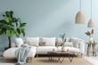 Modern bright living room in costal style, white sofa and wooden furniture on light blue wall background, 3d render