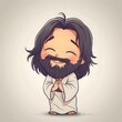 Cartoon drawing of an anime chibi Jesus praying while smiling on a minimalist background. Concepts of Jesus, religion, childhood and chibi anime.
