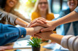 © Ishra - Collaborative Success, Employee appreciation day concept banner, multiethnic young people celebrating success by putting hands together, Teambuilding in office, employees join hands for teamwork.