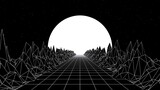 Fototapeta Perspektywa 3d -  3d abstract black and white retroway. Retro 80s 90s retrowave landscape topographic. Grey mountains with neon sunset. Sci-fi y2k viral surface and space sky glowing stars