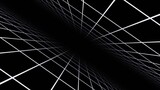 Fototapeta Perspektywa 3d - 3d retro futuristic black and white abstract background. Wireframe neon laser swirl grid lines with stars. Retroway synthwave videogame sci-fi.  Disco music template