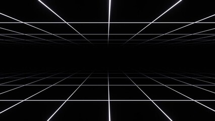 Wall Mural - 3d abstract black and white background. Retrowave retro 80s 90s futuristic grey laser neon grid surface. Wireframe tunnel net in dark space isolated black. Loop animation 30fps 4k Disco music template